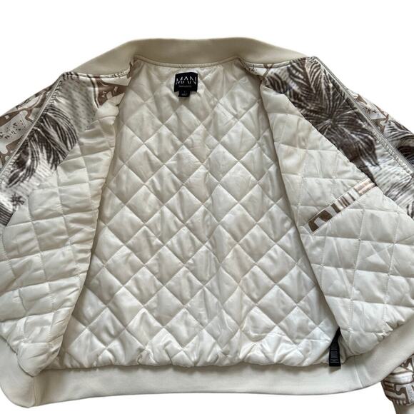 bohooMAN Boxy Satin Printed Bomber Men's Large Jacket Zip-Up Sand Varsity - Picture 6 of 8